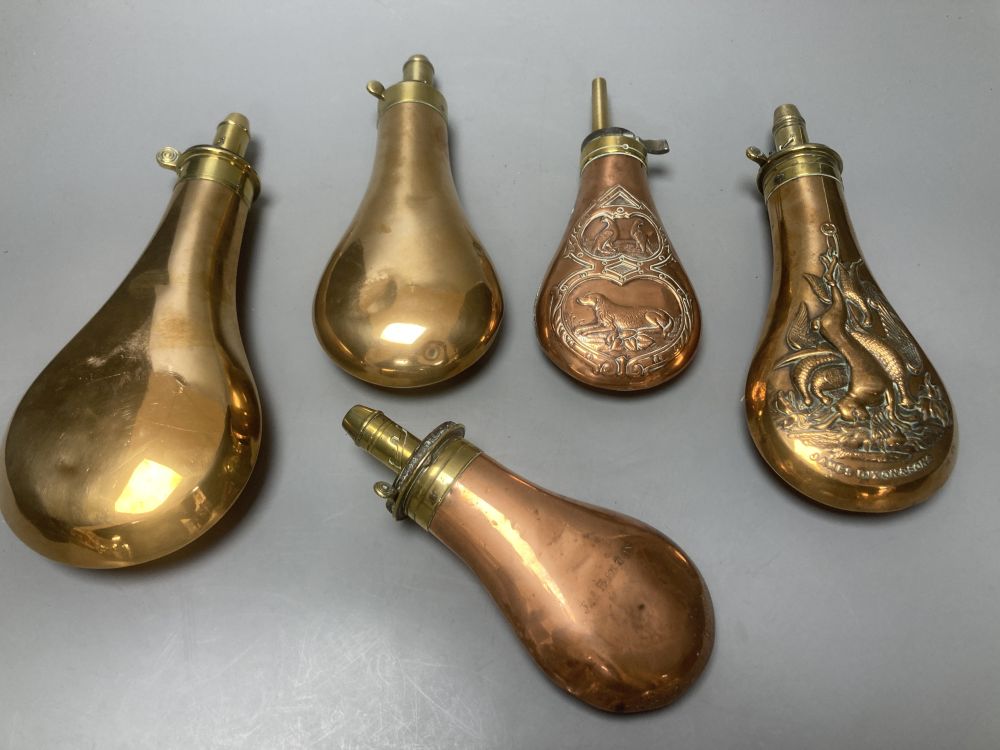 Five Victorian shooting related powder flasks and five others